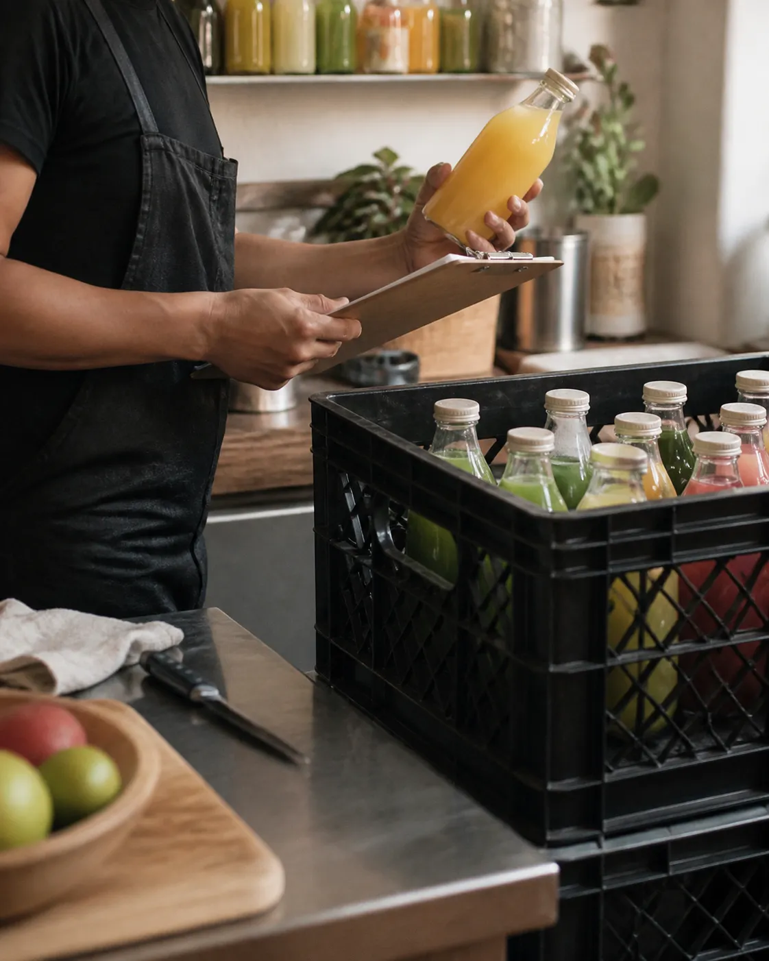 Persona con delantal revisa una botella de jugo natural frente a un portapapeles, junto a una caja de reparto en un pequeño negocio de alimentos.